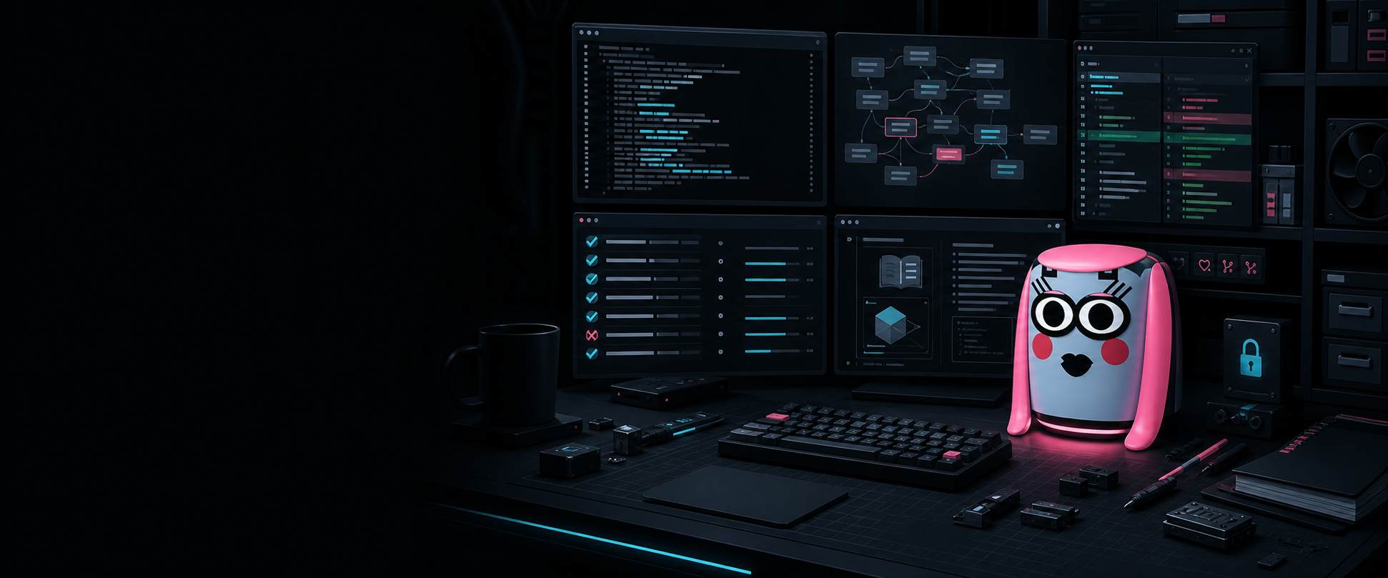 AIMEE beside a dark developer workbench with code, test, package, and documentation screens